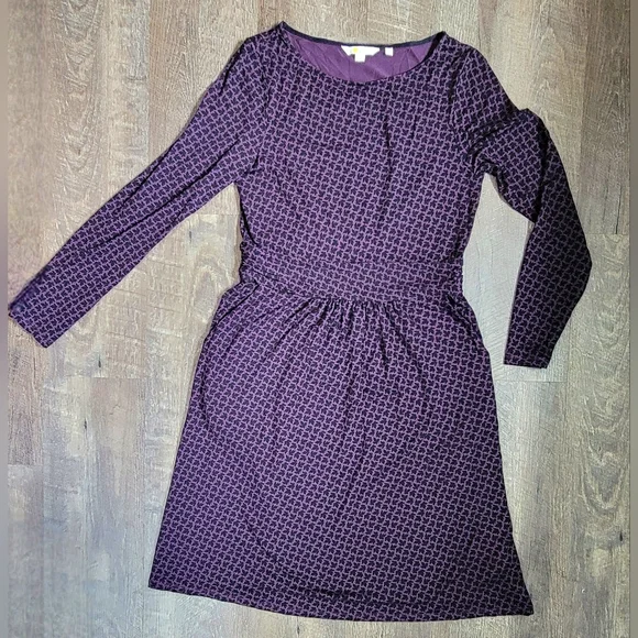 Boden Abigail Jersey Midi Dress Womens 8 Purple Black Leaf Print Long Sleeve - Picture 5 of 12